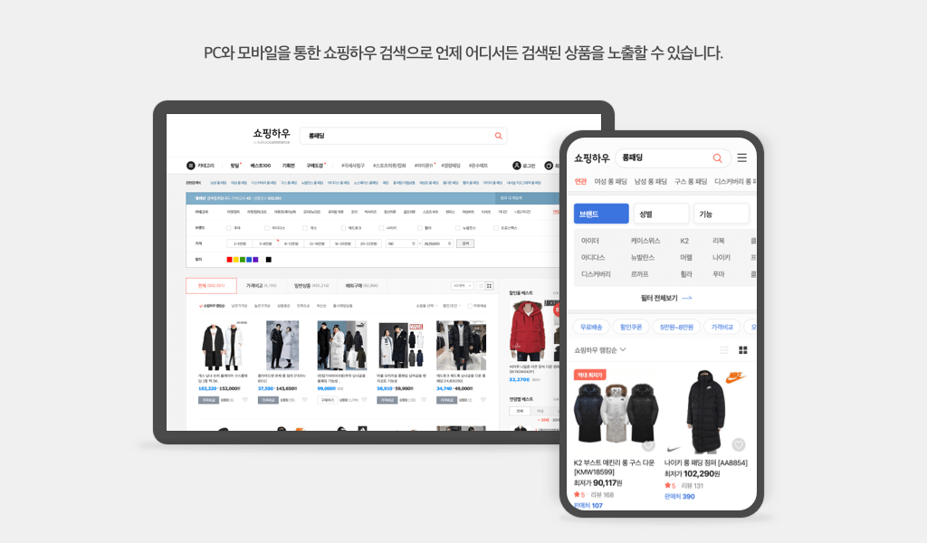 웹과 모바일을 통한 쇼핑하우 검색으로 언제 어디서든 검색된 상품을 노출할 수 있습니다.