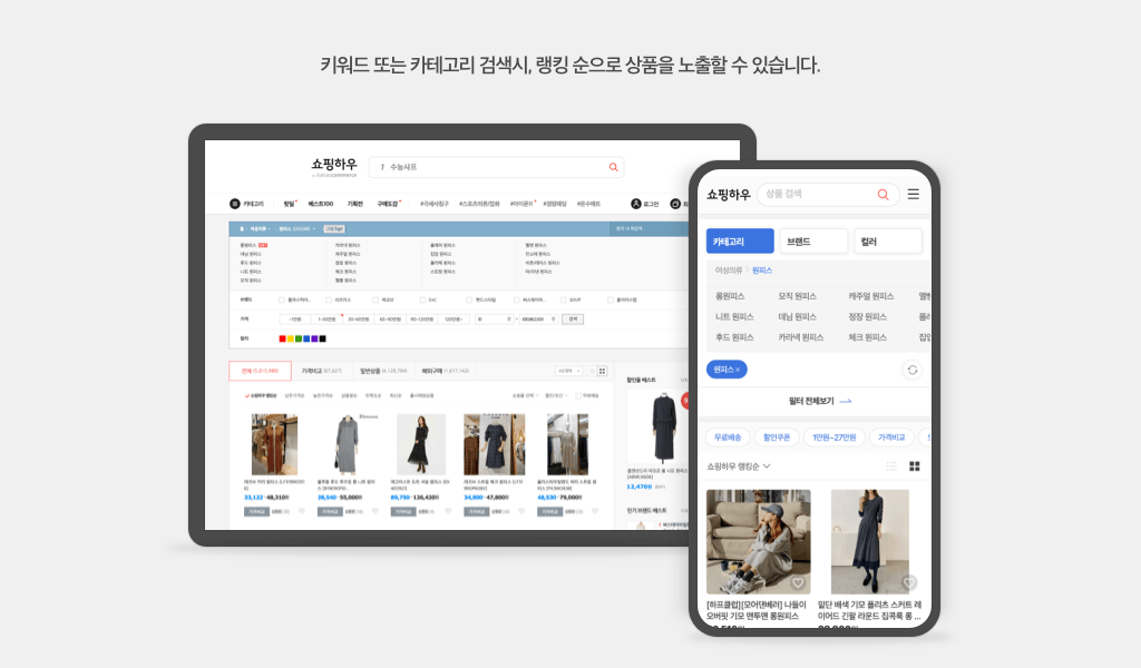 쇼핑하우 키워드 또는 카테고리 검색 시, 관련있는 상품 순으로 상품이 노출됩니다.