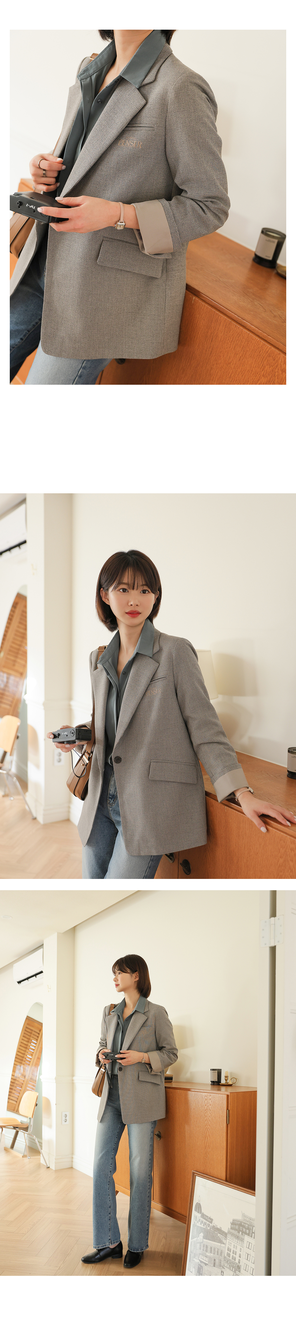 [韓国ファッション] 女性用 バックボタン ワンボタン チェック ジャケット