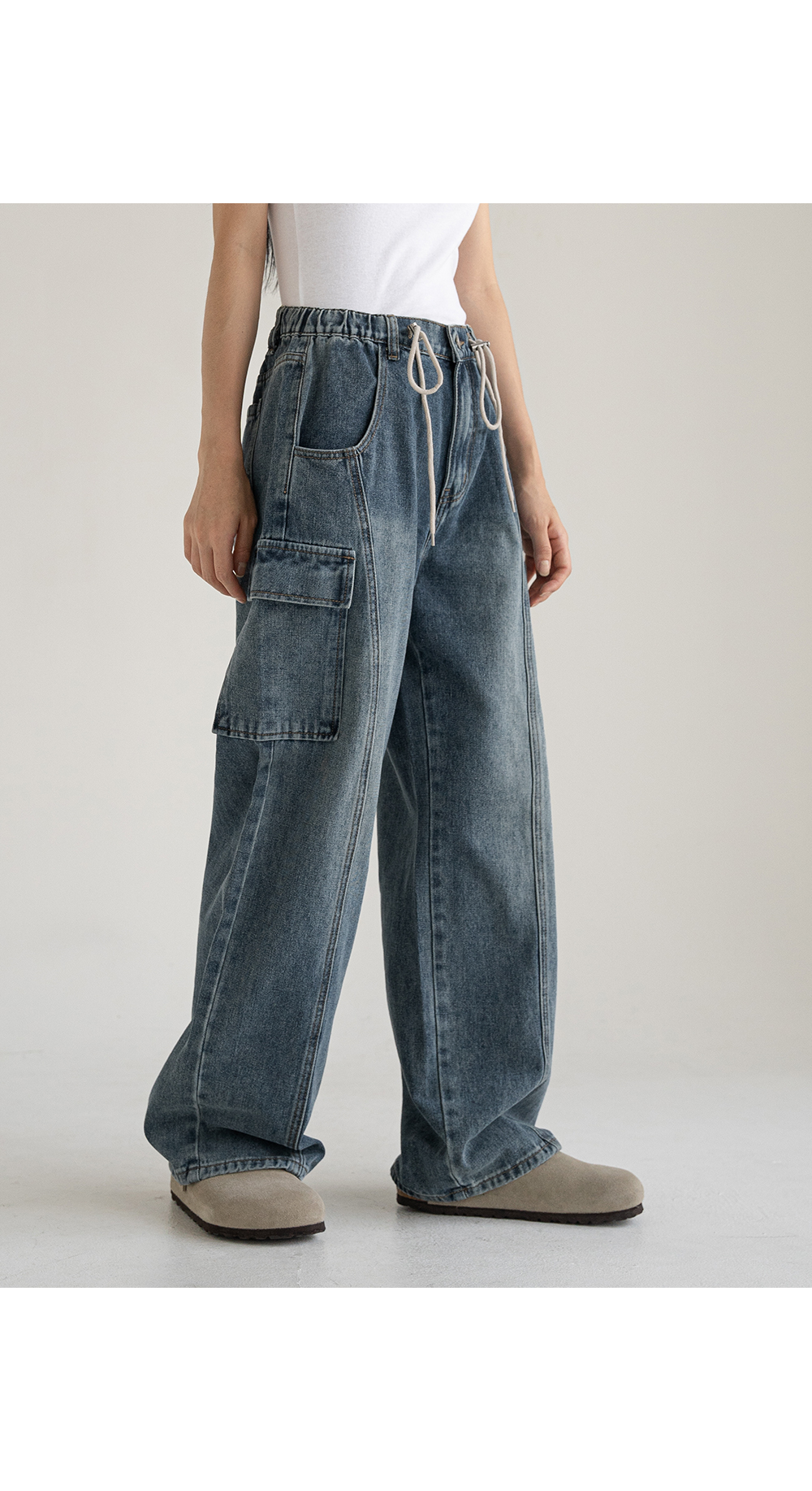 [1천장돌파][MADE] 빅사이즈 S-4XL 틴즈 절개 스트링 뒷밴딩 카고 와이드 데님 팬츠 청바지 상세 이미지 23