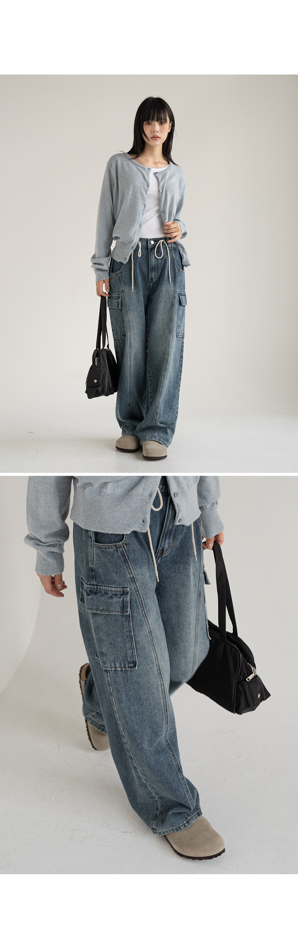 [1천장돌파][MADE] 빅사이즈 S-4XL 틴즈 절개 스트링 뒷밴딩 카고 와이드 데님 팬츠 청바지 상세 이미지 25