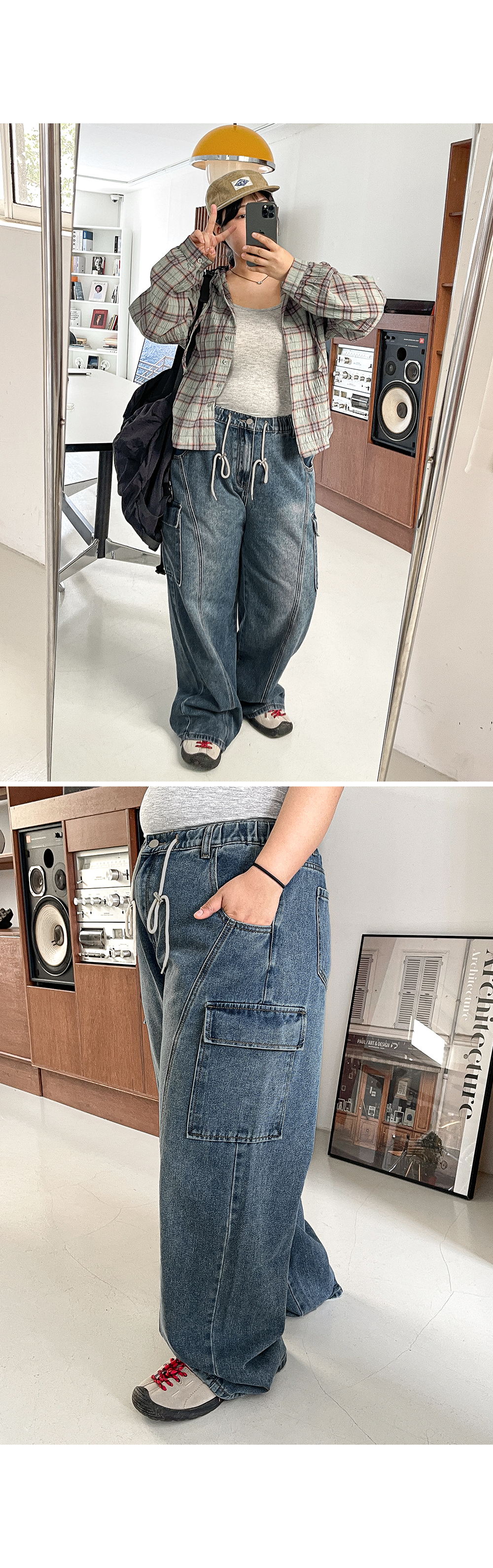 [1천장돌파][MADE] 빅사이즈 S-4XL 틴즈 절개 스트링 뒷밴딩 카고 와이드 데님 팬츠 청바지 상세 이미지 30