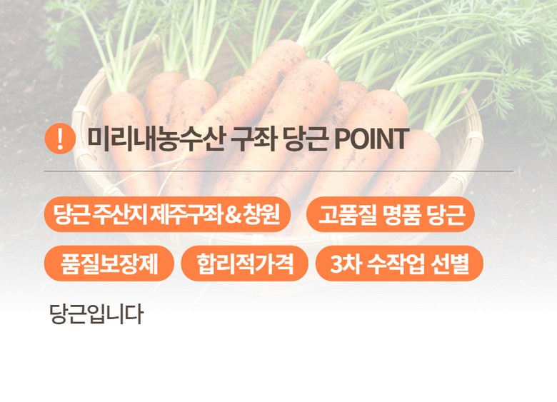 미리내 농수산 구좌 당근 POINT 1.당근 주산지 제주구좌&창원, 2.명품 당근, 3.100% 품질보장제, 4.합리적 가격, 5.꼼꼼한 3차 수작업 선별