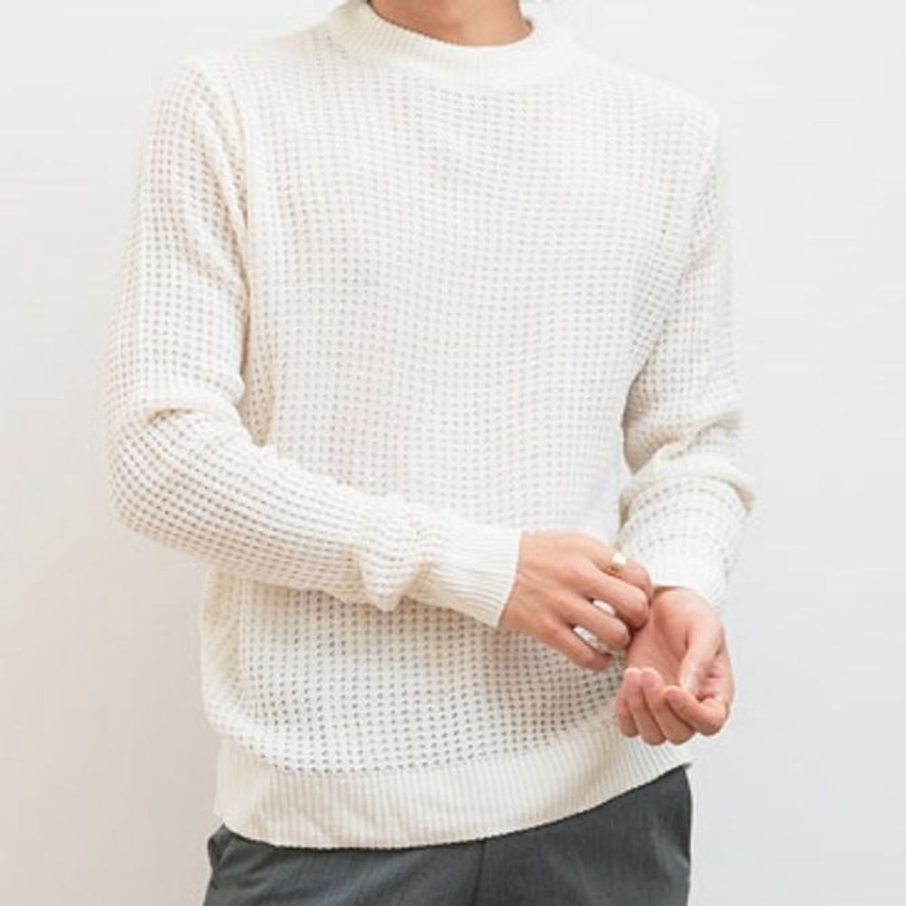 男 ニット Tシャツ ラウンドティー男性 セーター ニット ワッフル男セーターTシャツ