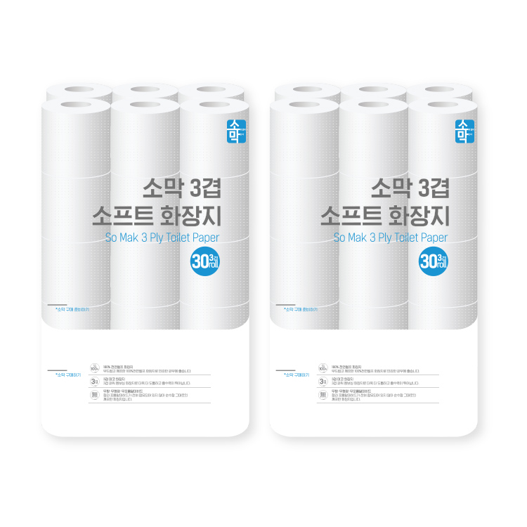 소막 국내생산 3겹 천연펄프 화장지 27m x 30롤 2팩 총 60롤 무형광 두루마리 휴지