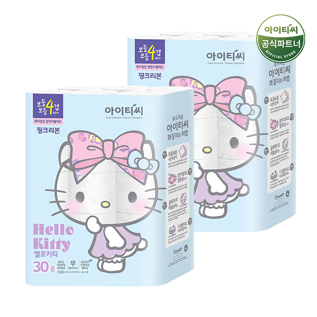 헬로키티 4겹 천연펄프 화장지 핑크리본 20M 30롤+30롤