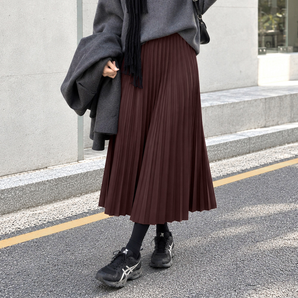 [데일리앤] 밴딩 플리츠 모직 울 롱 스커트 비네트