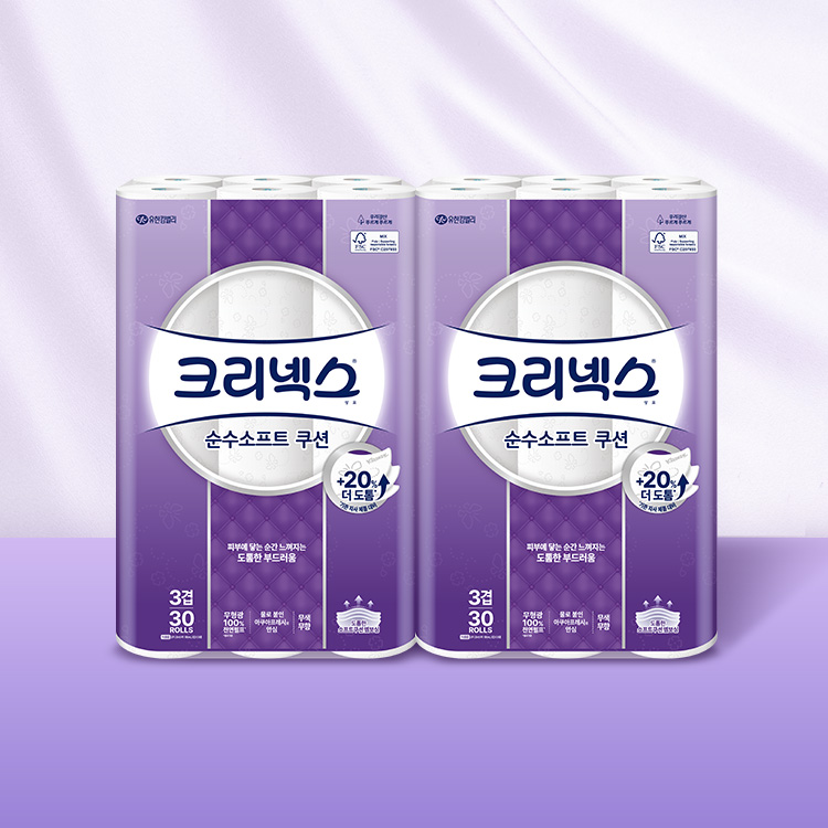 20% 더 도톰해진, 크리넥스 순수소프트 쿠션 25MX30롤X2팩 외 화장지/마이비데/키친타월