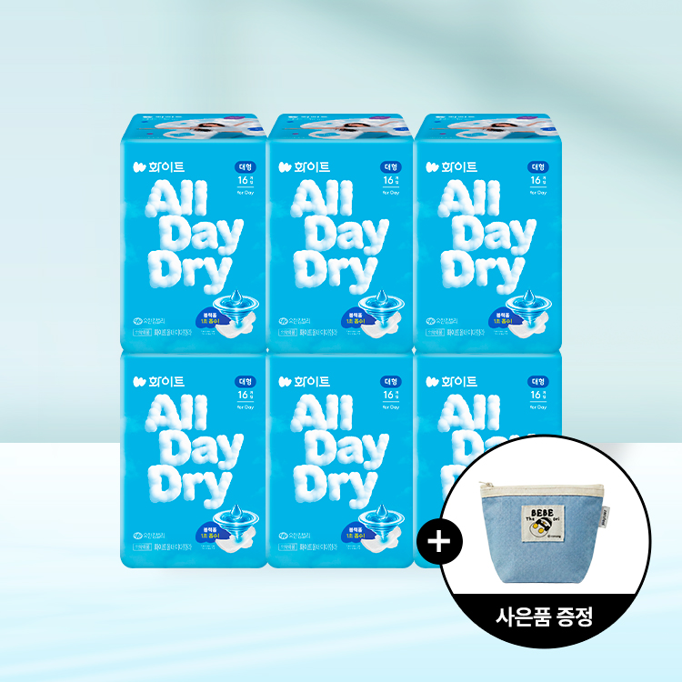 [신제품+파우치증정]1초 흡수 생리대! 화이트 올데이드라이 중형 18매X6팩 런칭 특가 모음전