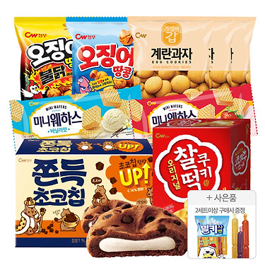 [톡딜] 쫀득 인기과자 9봉세트(쫀득초코칩+찰떡쿠키오리지널+오징어땅콩 오리지널+오징어 불닭+미니웨하스 바닐라+미니웨하스 딸기+계란과자 3봉) (10,500원/무...